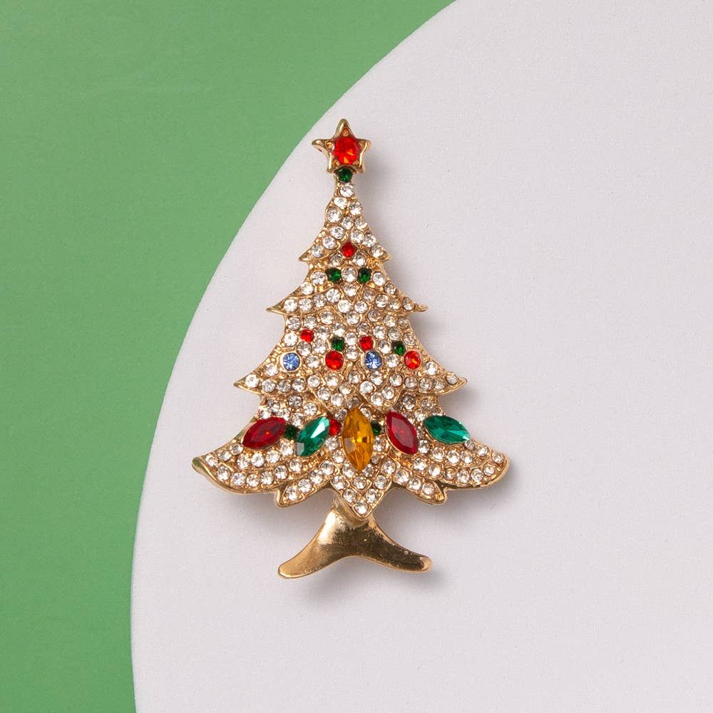 Christmas Tree Shaped Brooch Pin with Color Crystal Accents