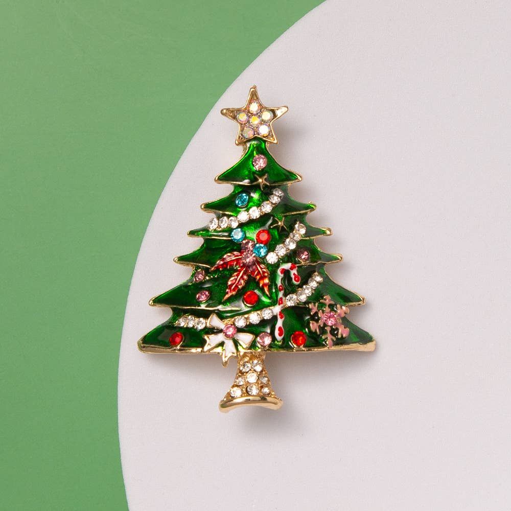 Christmas Tree Brooch Pin in Green Enamel with Crystals