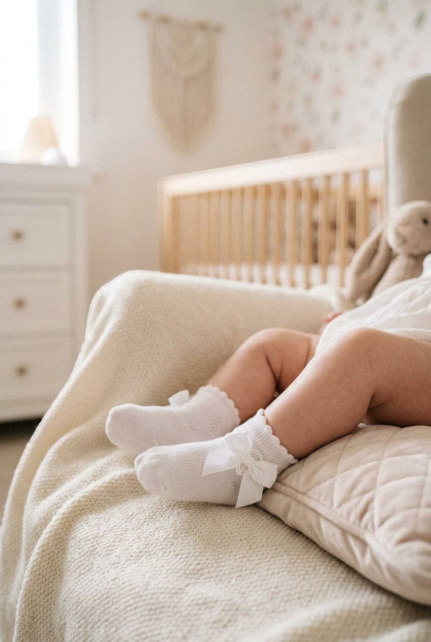 Baby Girl Christening &amp; Baptism Socks with Bow White