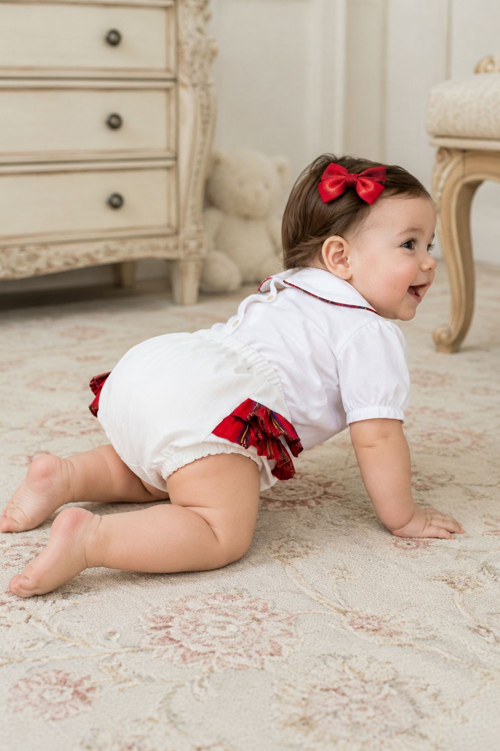 Baby Girls White Embroidered Panty with Plaid Ruffles