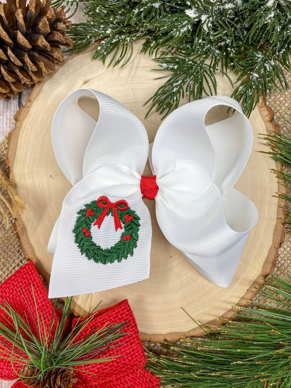 Wreath Embroidered Hair Bow | Christmas Hair Bow | Clip or Headband, Style: Hair Bow on Clip