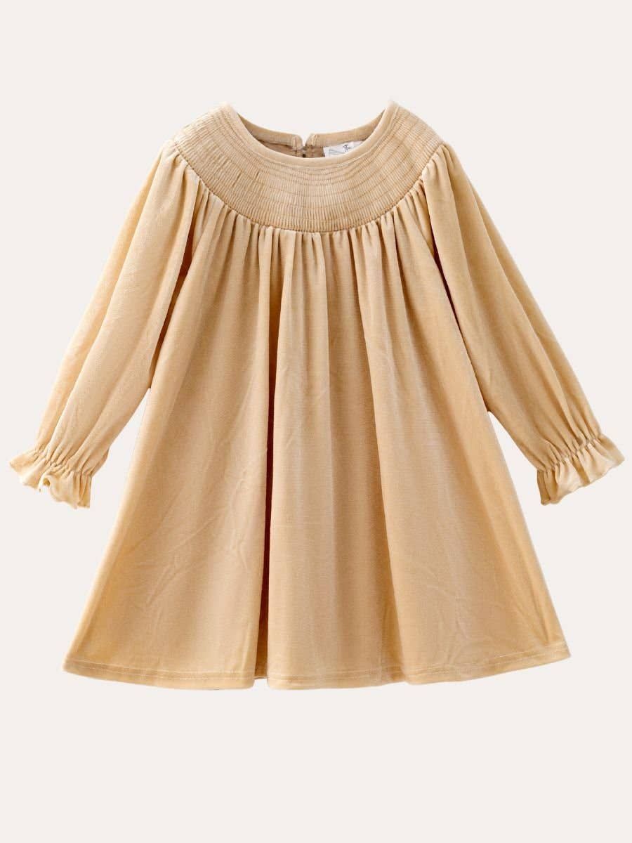 Classic Smocked Holiday Girls Velvet Dresses, Color: Ivory, Size: 5T