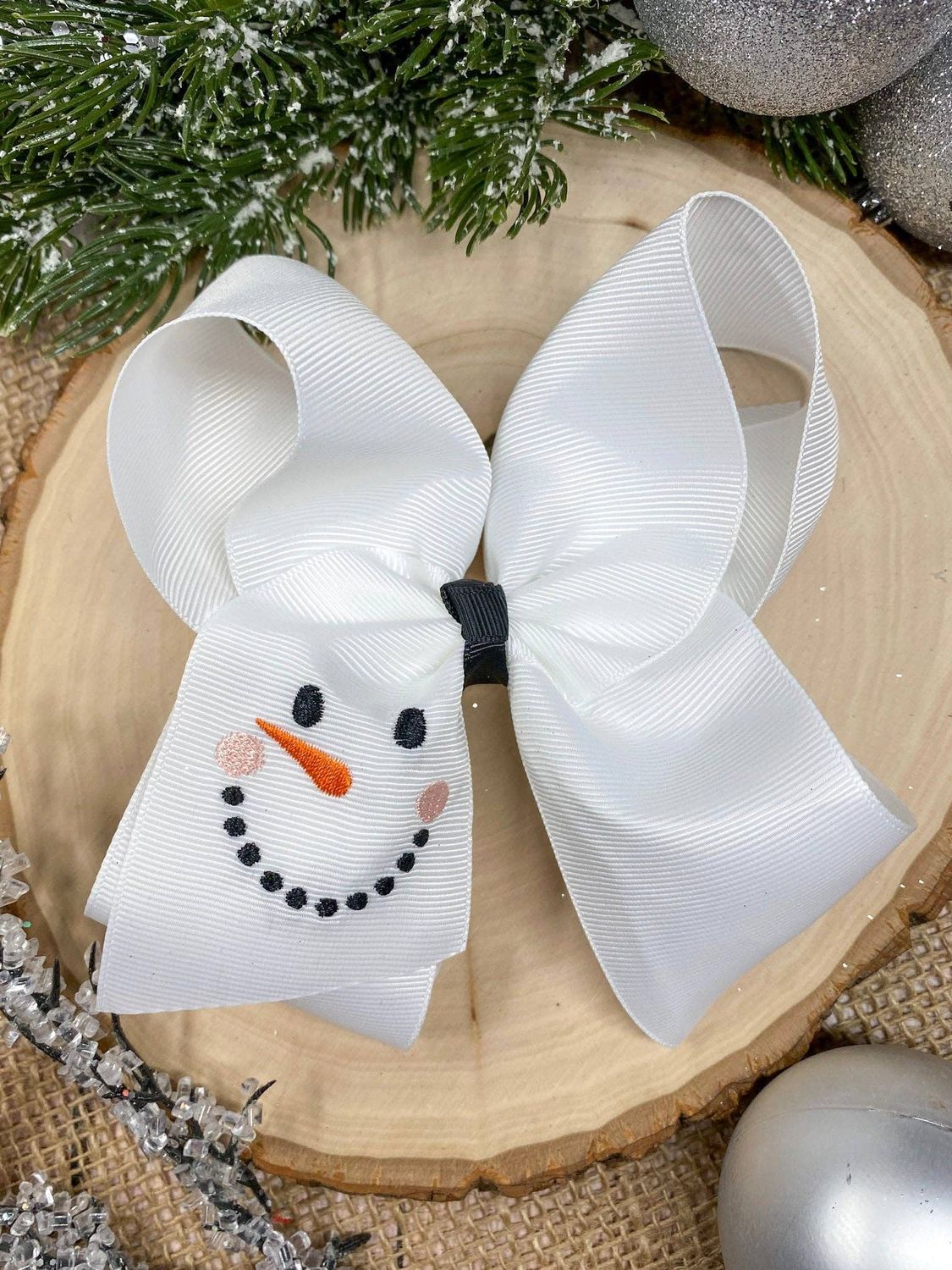Snowman Embroidered Bow | Christmas Hair Bow | Clip or Headband, Style: Clip