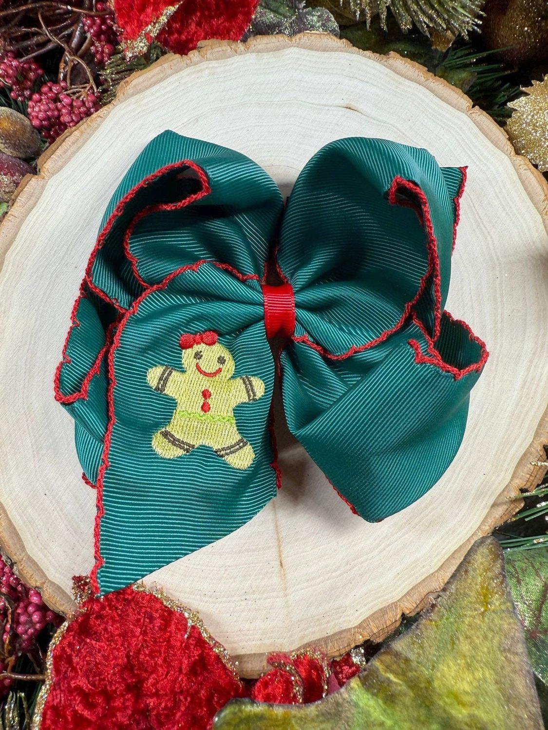 Gingerbread Embroidered Moonstitch Hair Bow | Clip, Style: Clip
