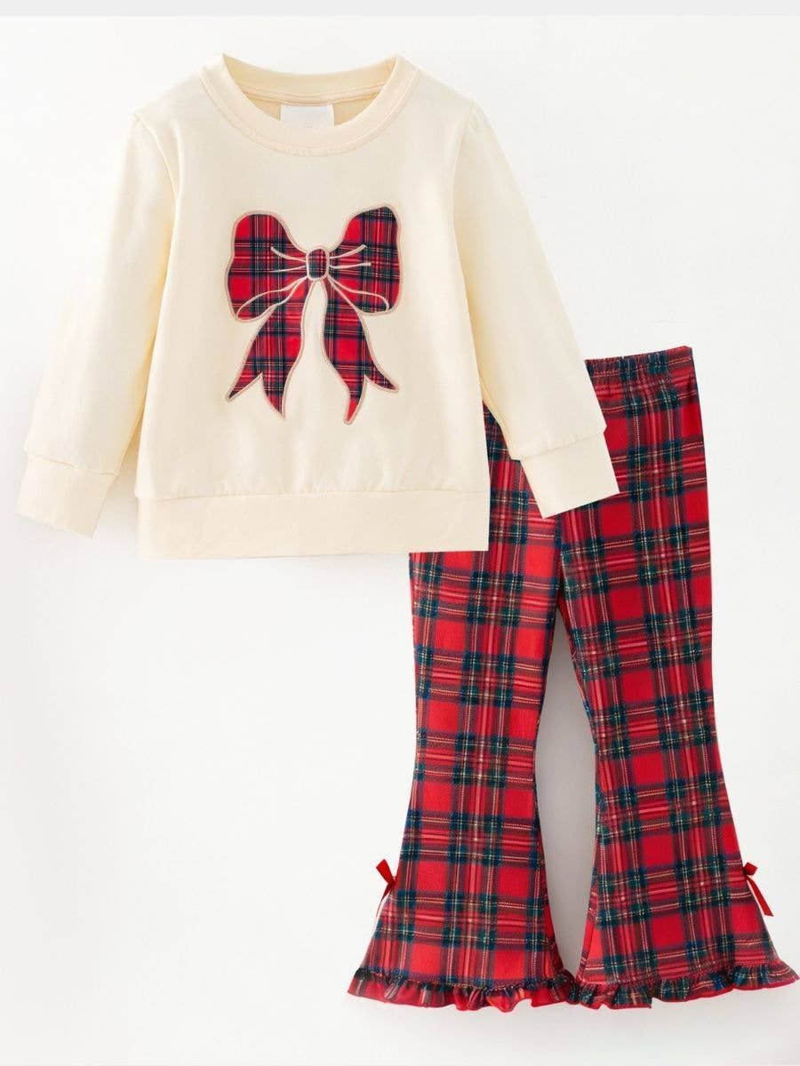 Cream Tartan Bow Girls Bell Bottom Set, Size: 10y