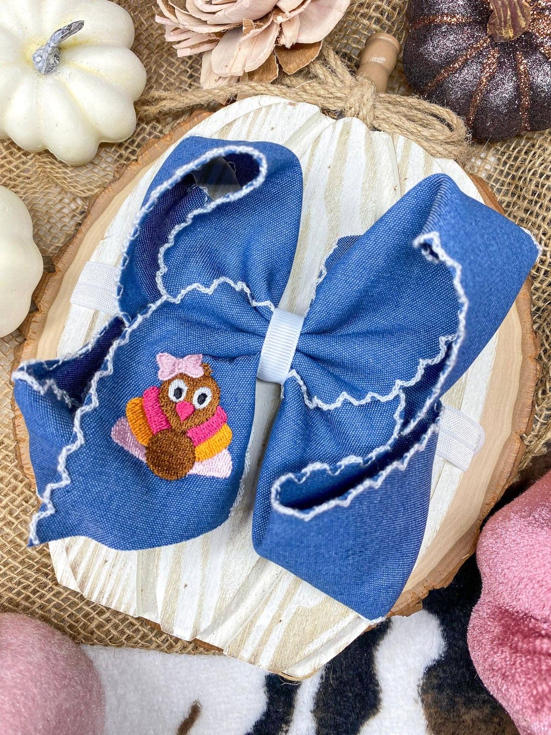Pink Turkey Moonstitch on Denim Hair Bow | Clip, Style: Alligator Clip