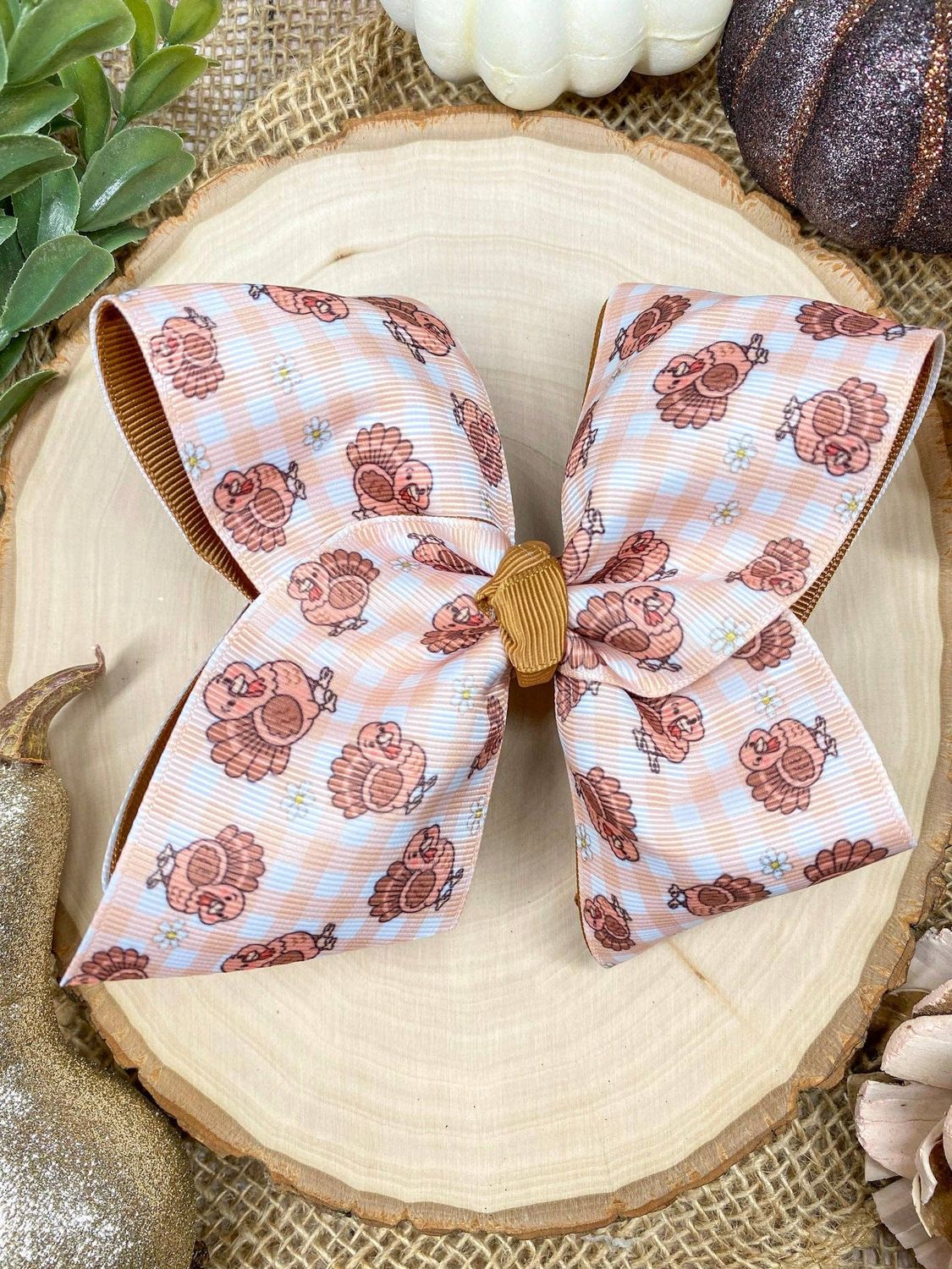 Turkey Print Gingham Bow | Thanksgiving Hair Bow, Style: Hair Bow on Clip