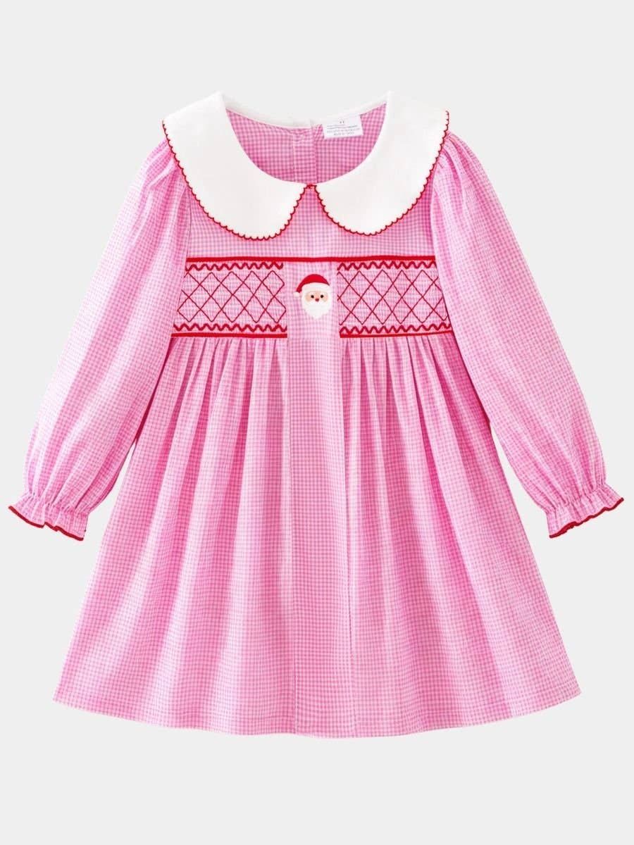 Pink Gingham Smocked Santa Girls Dress, Size: 12y