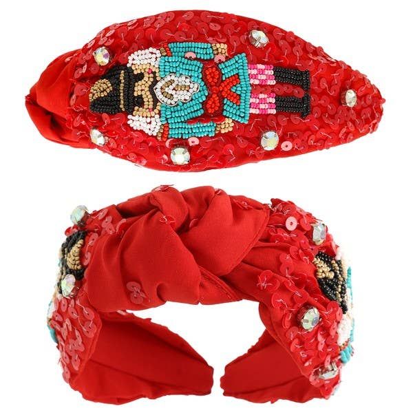 CHRISTMAS NUTCRACKER JEWELED TOP KNOTTED HEADBAND 16, Color: Red