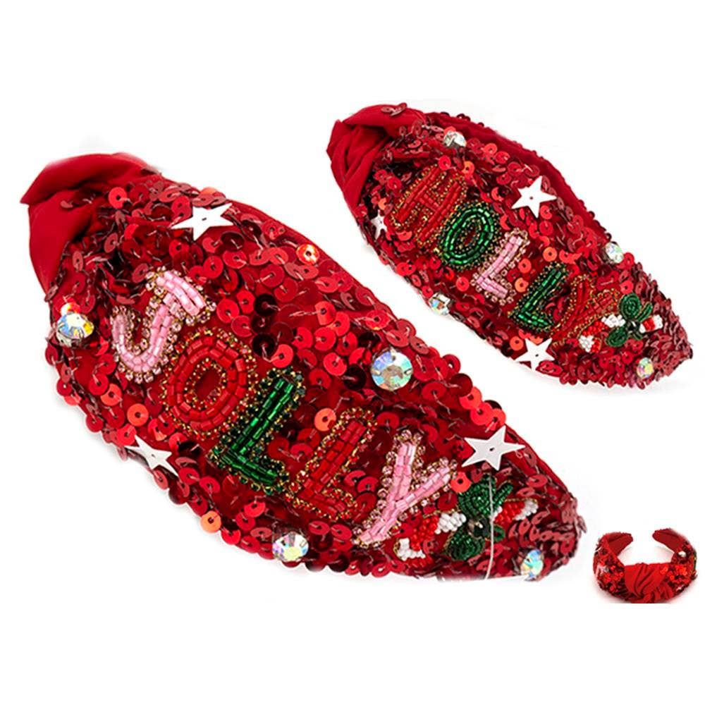SEQUIN CHRISTMAS HOLLY JOLLY HEADBAND, Color: Rd