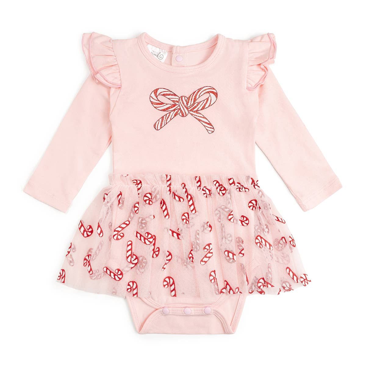 Candy Cane Confetti Christmas Long Sleeve Tutu Bodysuit, Size: 00-3M