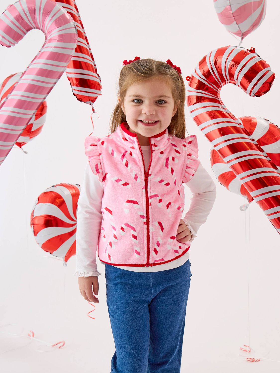 Girls Pink Candy Canes Ruffle Marshmallow Fleece Vest