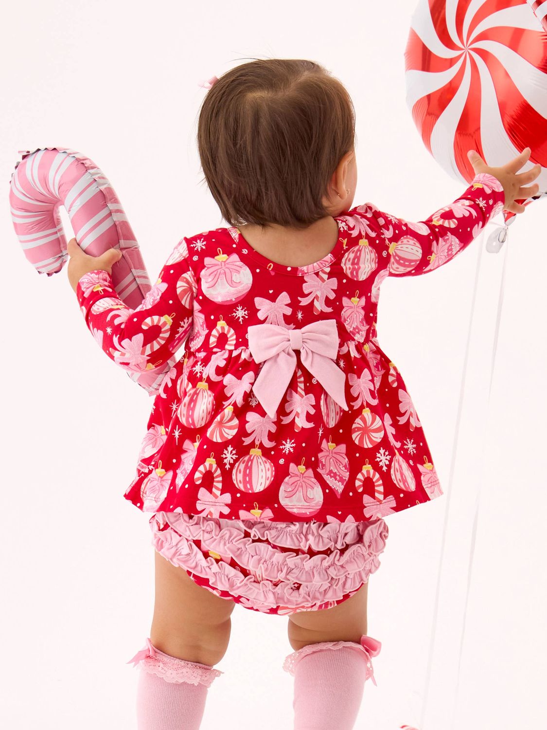 Baby Girls Red Holly Christmas Ornament Bows Knit Long Sleeve Twirl Top &amp; Ruffle Bloomer Set
