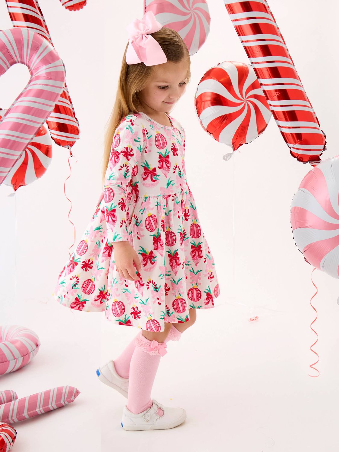 Girls Holly Christmas Ornament Bows Knit Long Sleeve Twirl Dress