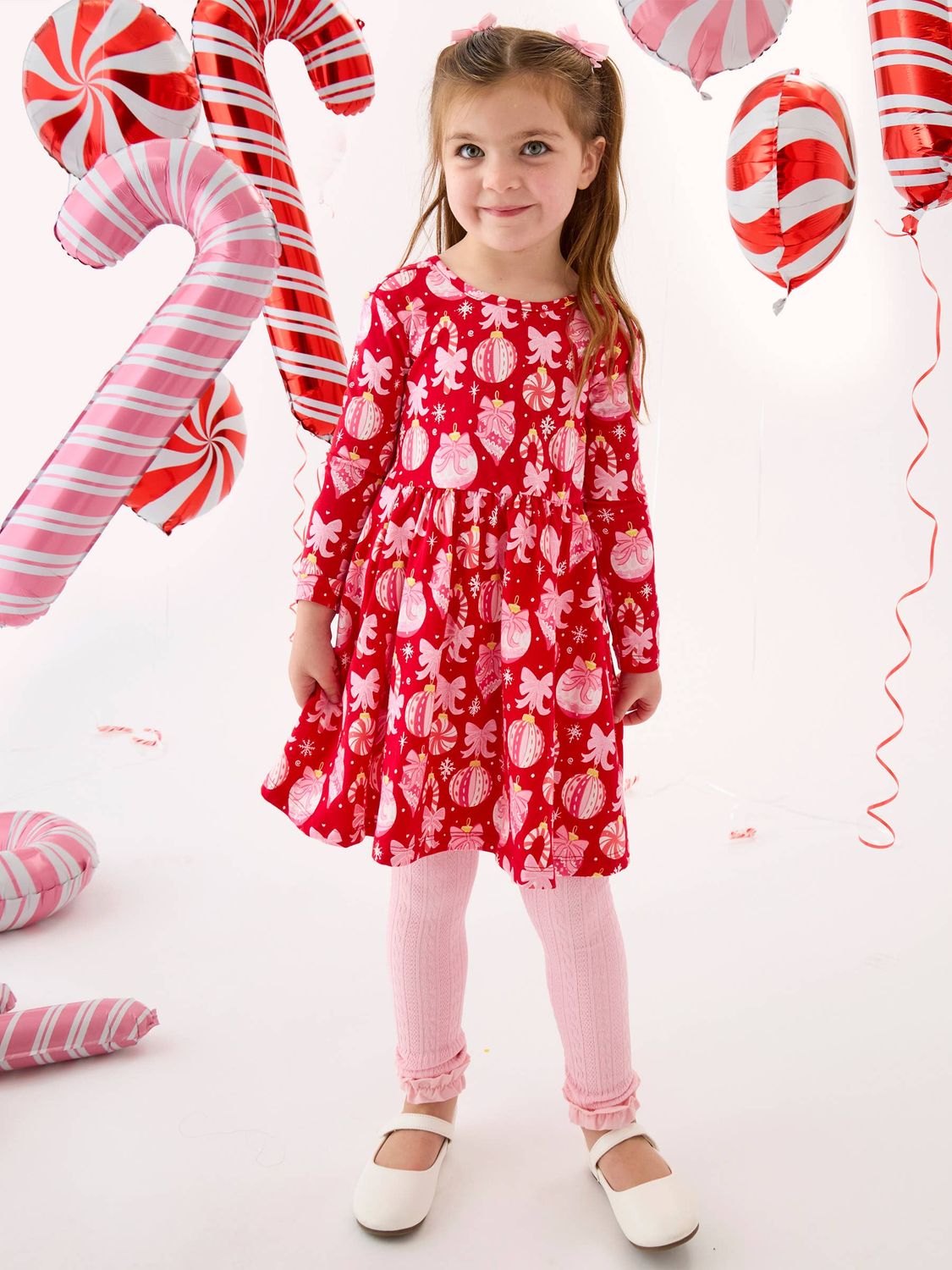 Girls Red Holly Christmas Ornament Bows Knit Long Sleeve Twirl Dress