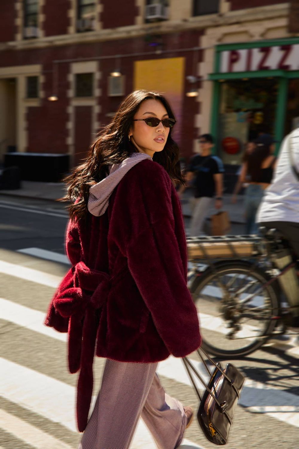 Maroon Belted Faux Fur Round Neck Coat, Color: Burgundy, Size: S