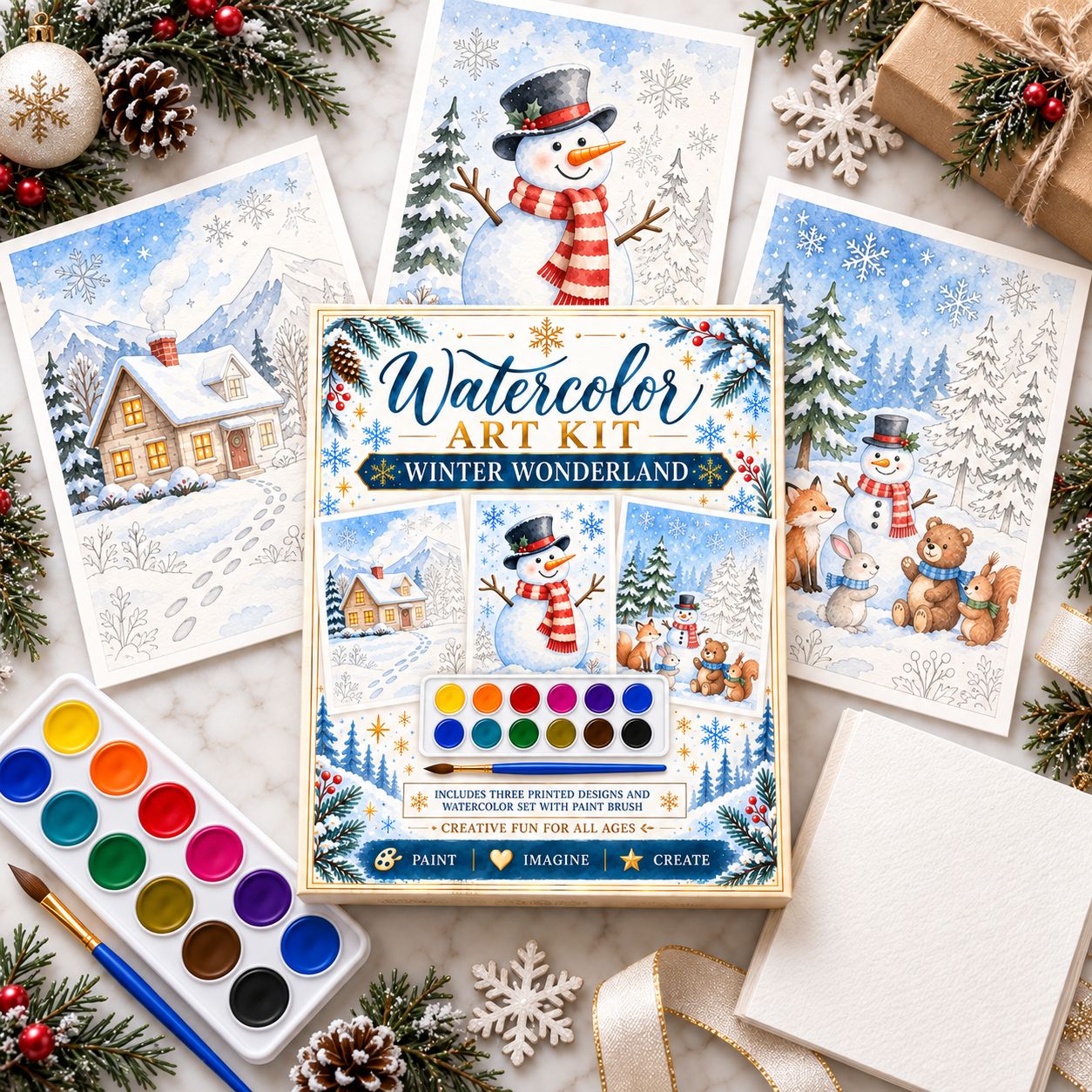 Watercolor Art Kit: Winter Wonderland Snowman Theme Designs
