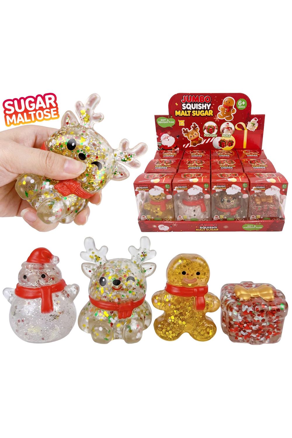 Christmas Characters Glittery Maltose Filled TPR Squishy, Color: ASSORTED, Size: ONE SIZE