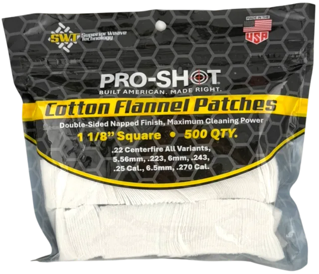 Pro-Shot 1 1/8" Square Patches - .22 Cal. to .270 Cal. - 500 Count