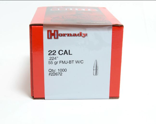 Hornady 22672 FMJ Rifle Bullets 22 Cal .224 55 Gr FMJ-Bt W/C 1000ct