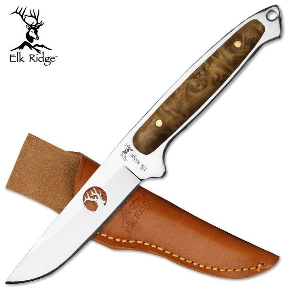 ELK Ridge fixed Blade 7" Burl Wood Handle Leather Sheath