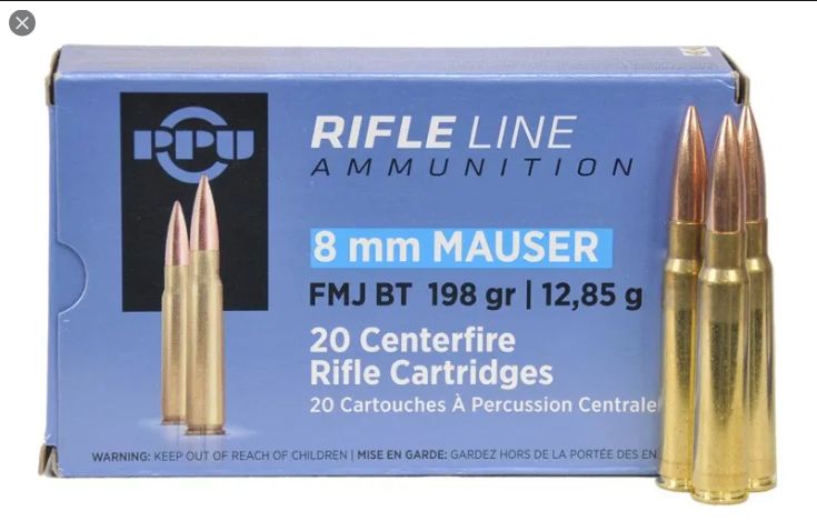 PPU 8MM Mauser FMJ BT 198gr 20 Centerfire Rifle Cartridges