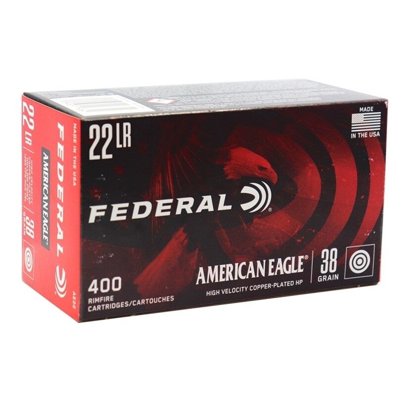 Federal American Eagle Rimfire Rifle Ammo 22 LR, Copper Plated HP, 38 Grains, 1260 fps - 400Rds Federal American Eagle Rimfire Rifle Ammo 22 LR, Copper Plated HP, 38 Grains, 1260 fps - 400Rds