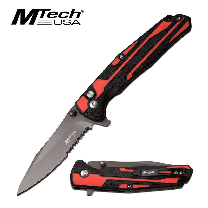 MTech Manual Folder 4.75" Serrated Red/Black Handle