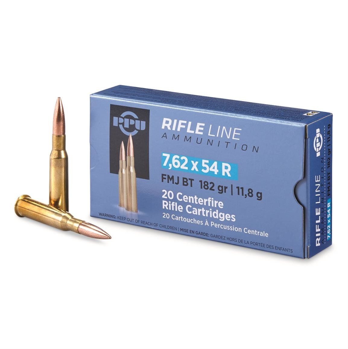 PPU Rifle Ammo 7.62x54R Match FMJ 182gr 20 Rounds
