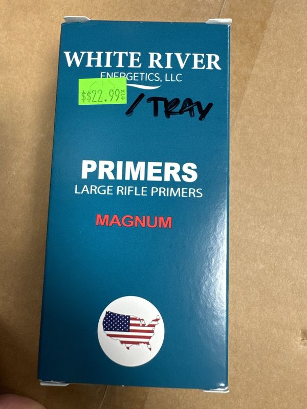 White river Large Rifle Magnum Primers, Nickel-Plated Brass Cup, Tray of 100