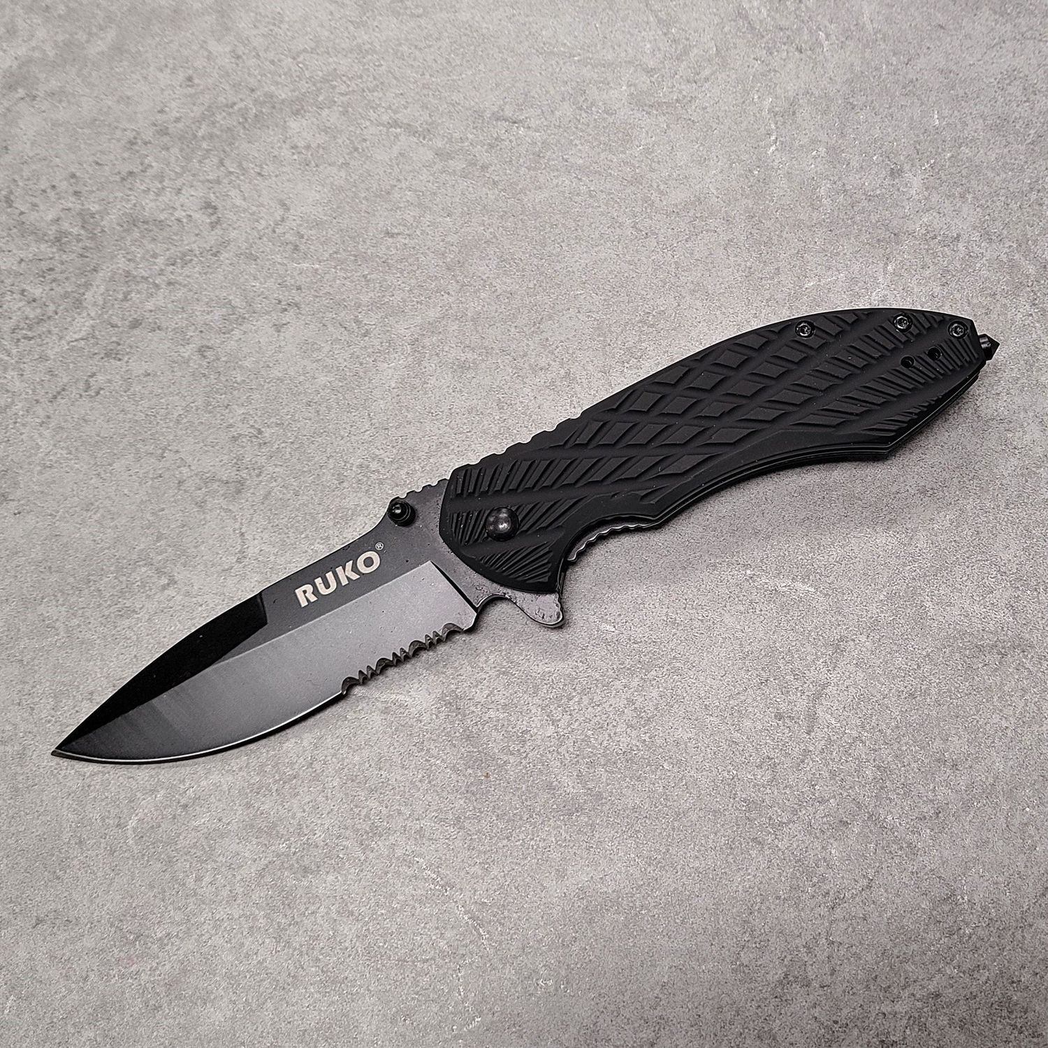 RUKO #RUK0182SBBK Ball Bearing Pivot Folding Serrated Knife 3.5″