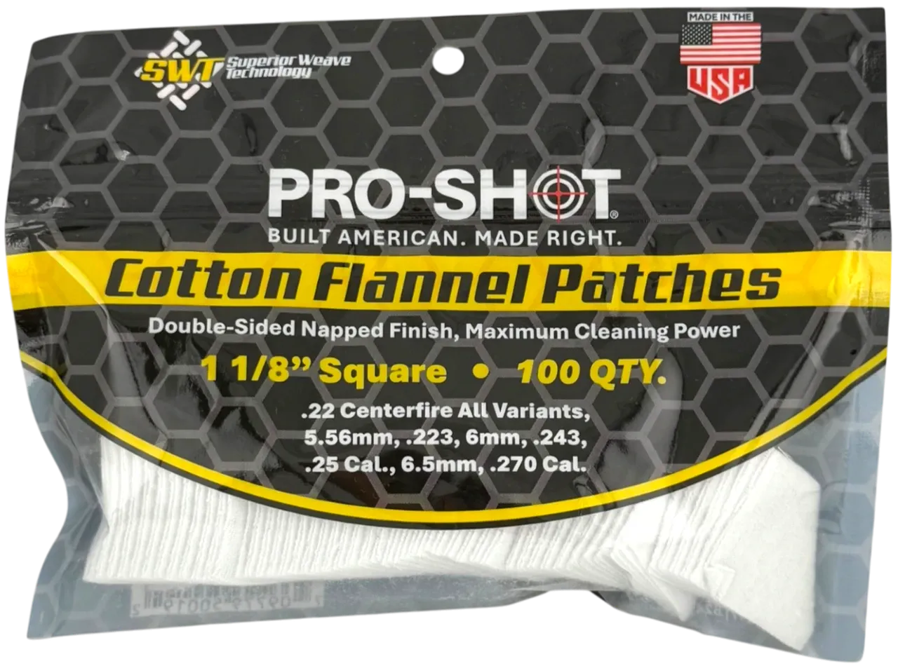 Pro-Shot 1 1/8" Square Patches - .22 Cal. to .270 Cal. - 100 Count