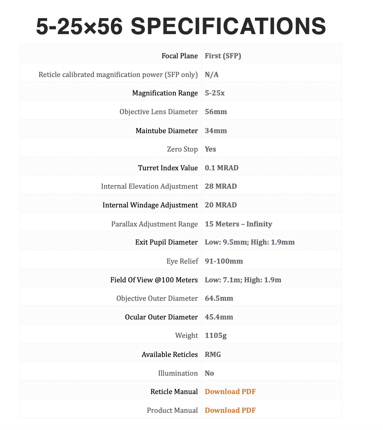 Zero Tech Vengeance 5-25X56 RMG-0.1MRAD FFP Side Focus 34mm