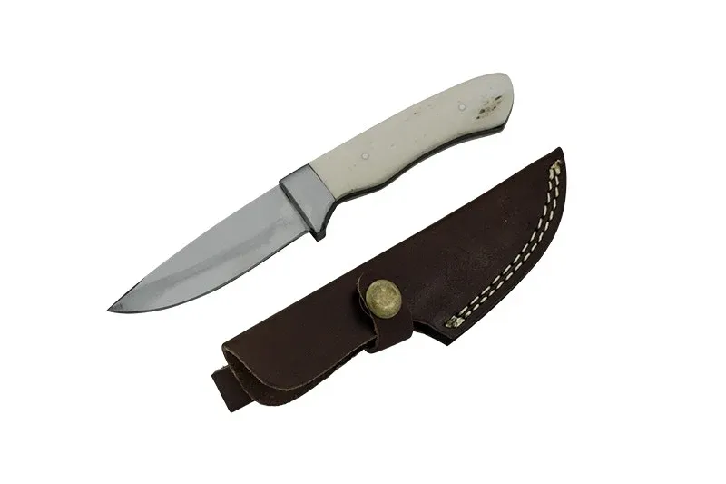 Red Deer Skinner Full Tang Animal Bone Handle 440 Stainless Steel Genuine Leather Sheath
