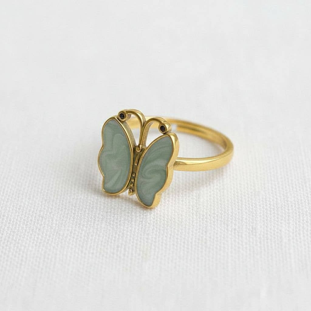 Ellemadera - Vintage Gold Tone Butterfly Enamel Adjustable Ring