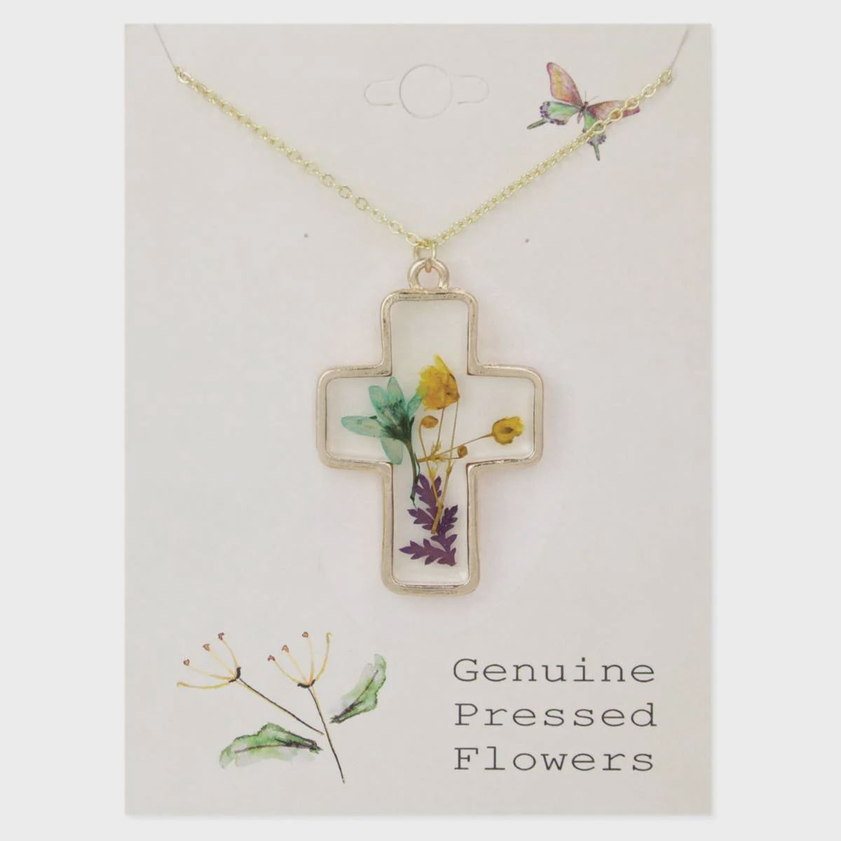 Gold Cross Dried Flower Necklace