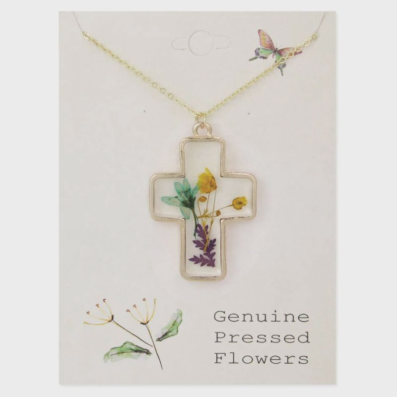 Gold Cross Dried Flower Necklace