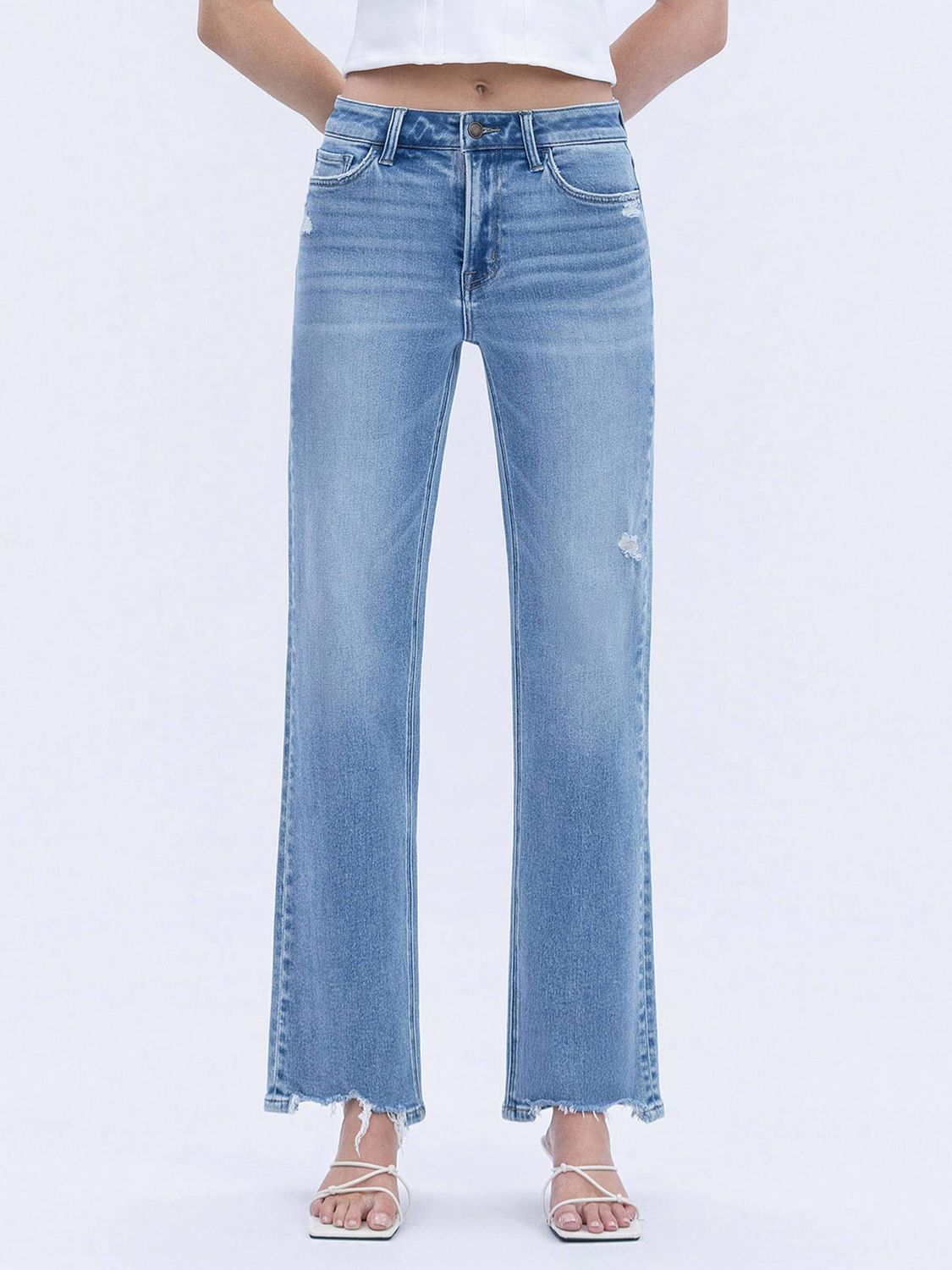 HIGH RISE DISTRESSED HEM SLIM WIDE JEANS, Color: GLOWING, Size: 0/24