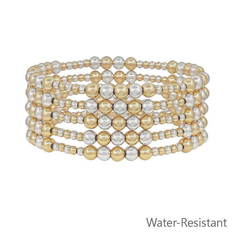 Set of 5 5MM &amp; 3MM Beaded Silver and Gold Stretch Bracelet