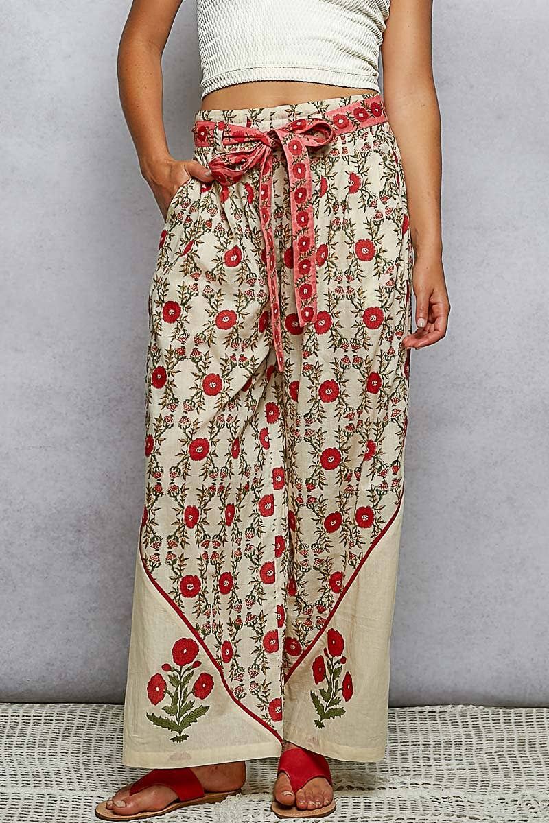 Waist Belt Floral Pattern Straight Fit Pants, Color: CREAM MULTI, Size: S