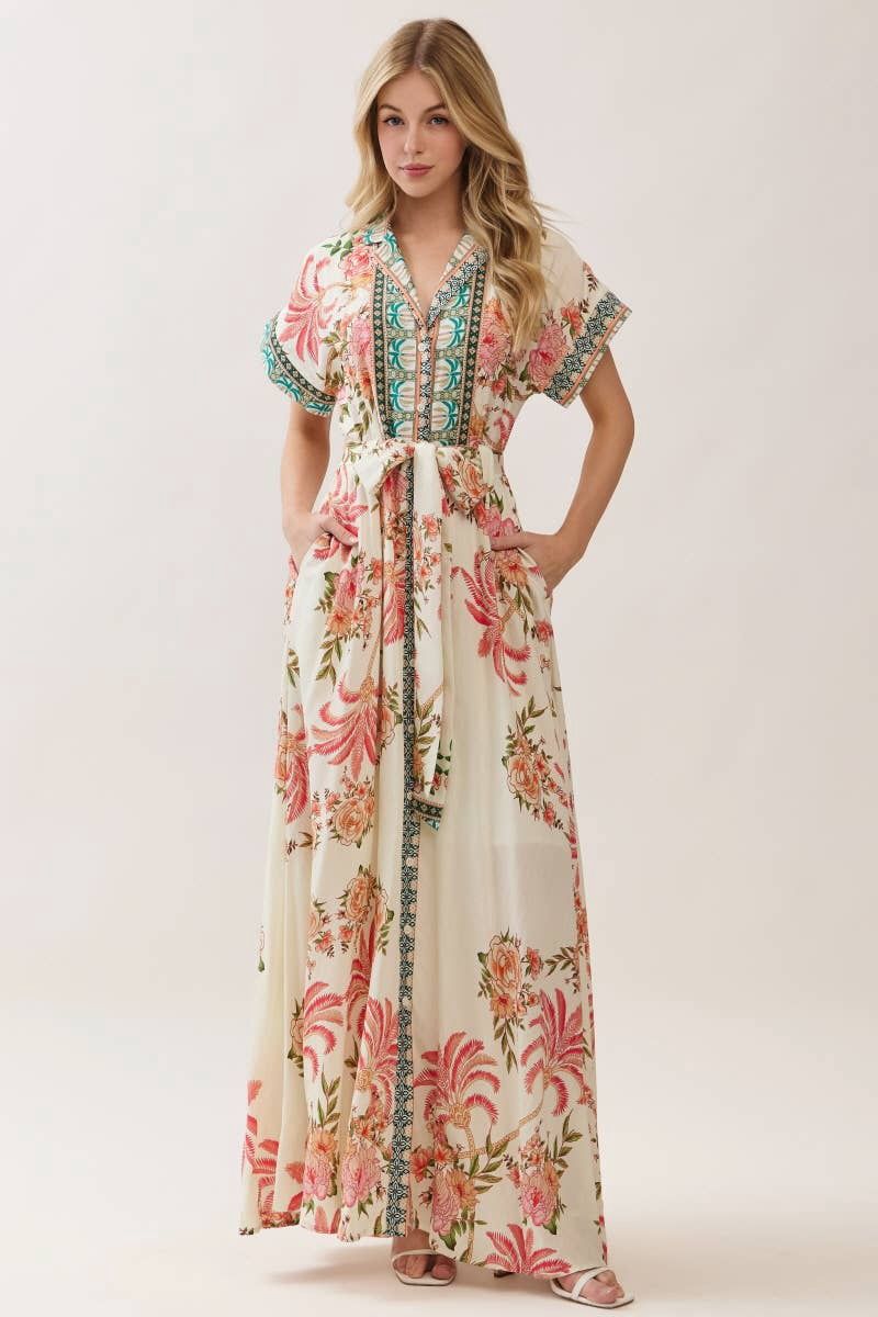 FLORAL BOARDER PRINTED BUTTON DOWN MAXI DRESS, Color: PINK, Size: S