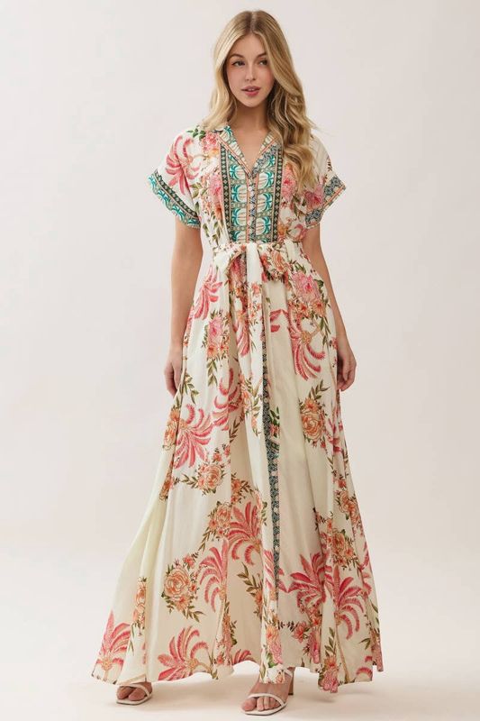 FLORAL BOARDER PRINTED BUTTON DOWN MAXI DRESS