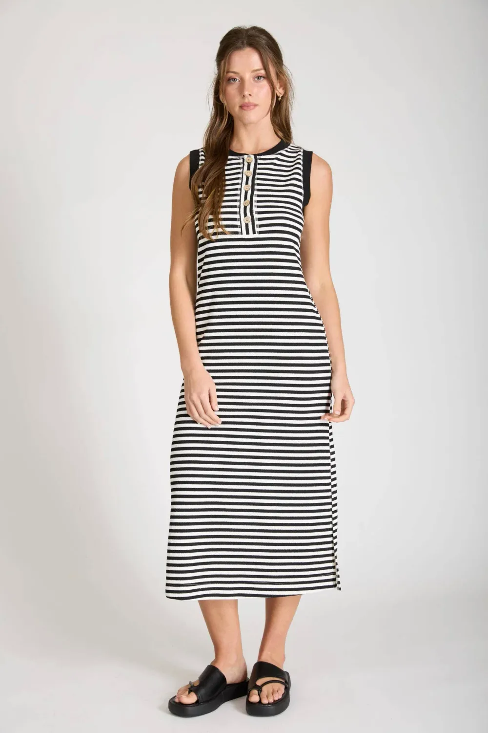 STRIPE HENLEY TANK KNIT MIDI DRESS, Color: BLACK, Size: S