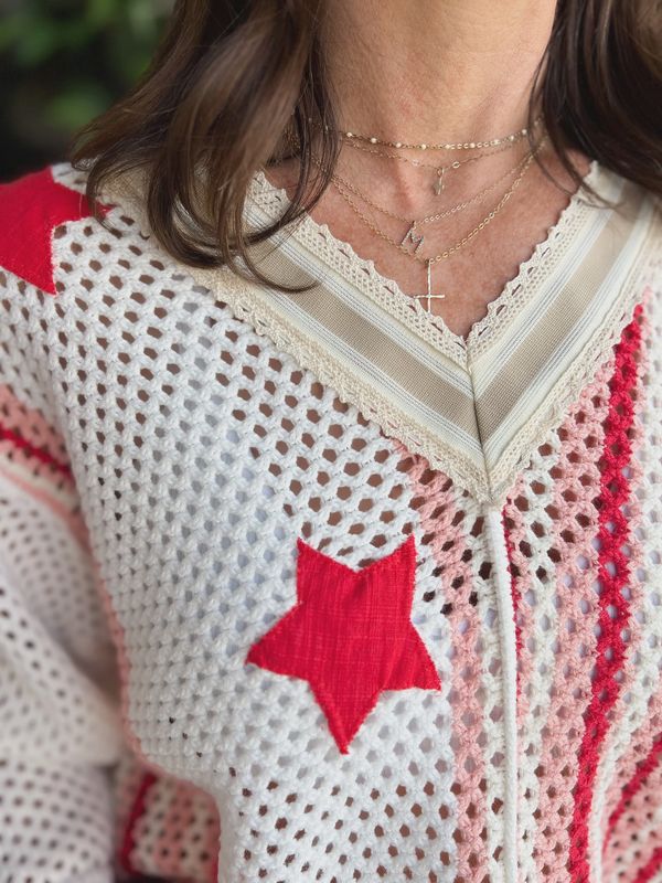 V-Neck Half Sleeve Stripe Sweater Top Star Patch Band Trim