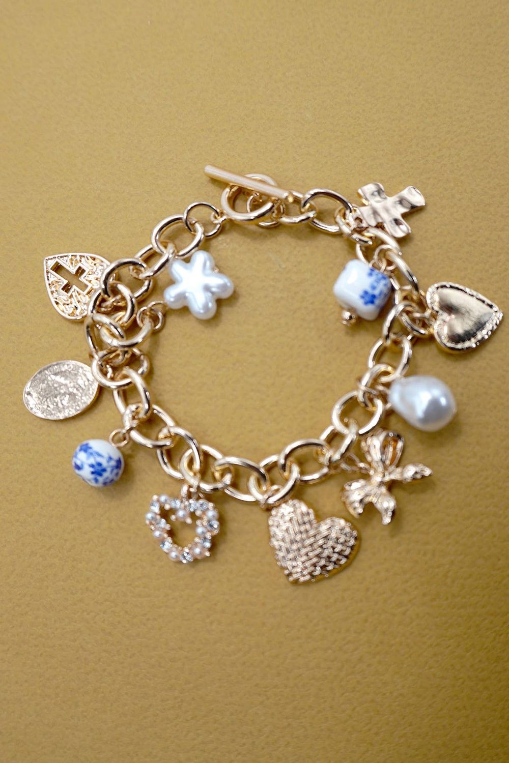 CERAMIC PORCELAIN HEART BOW PEARL CHARM BRACELET