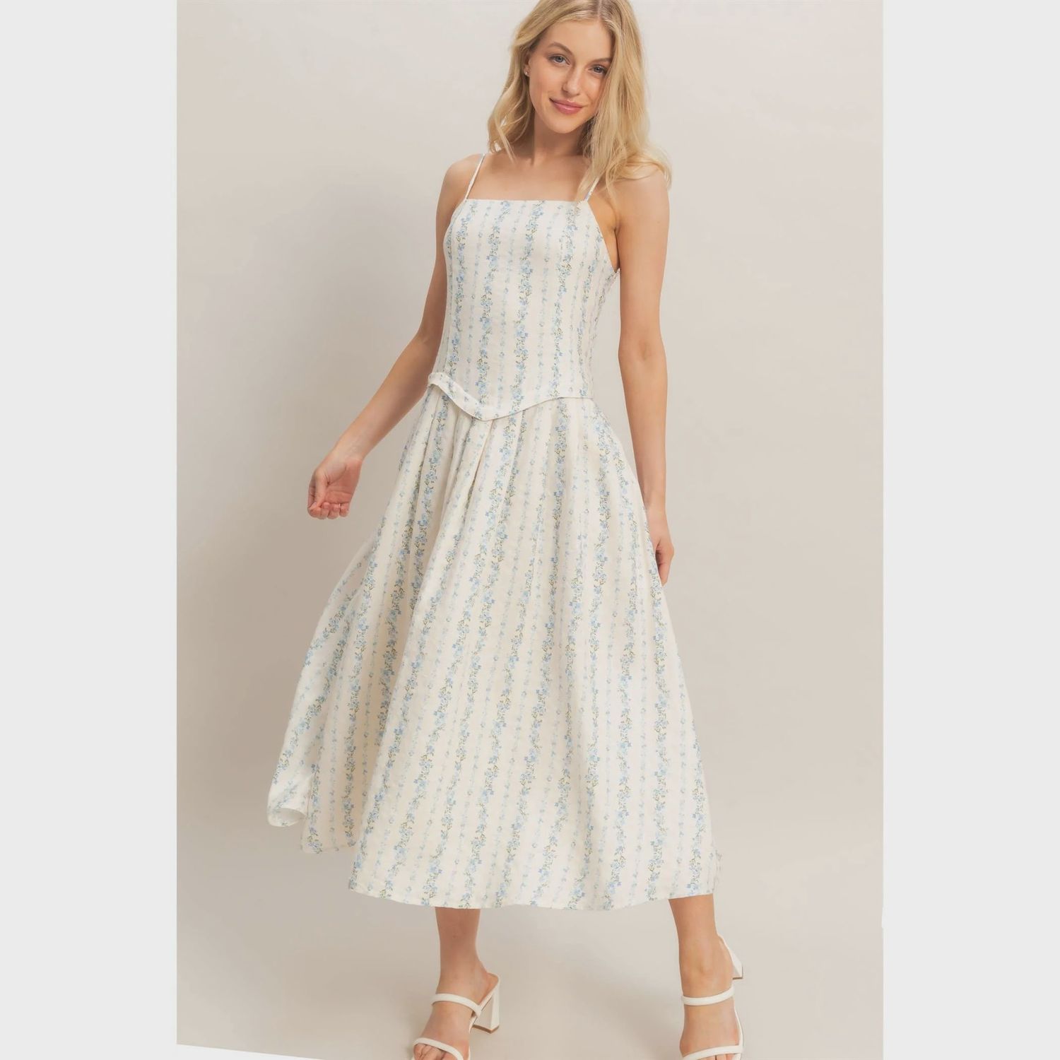Square Neck Floral Dress, Color: BLUE, Size: S