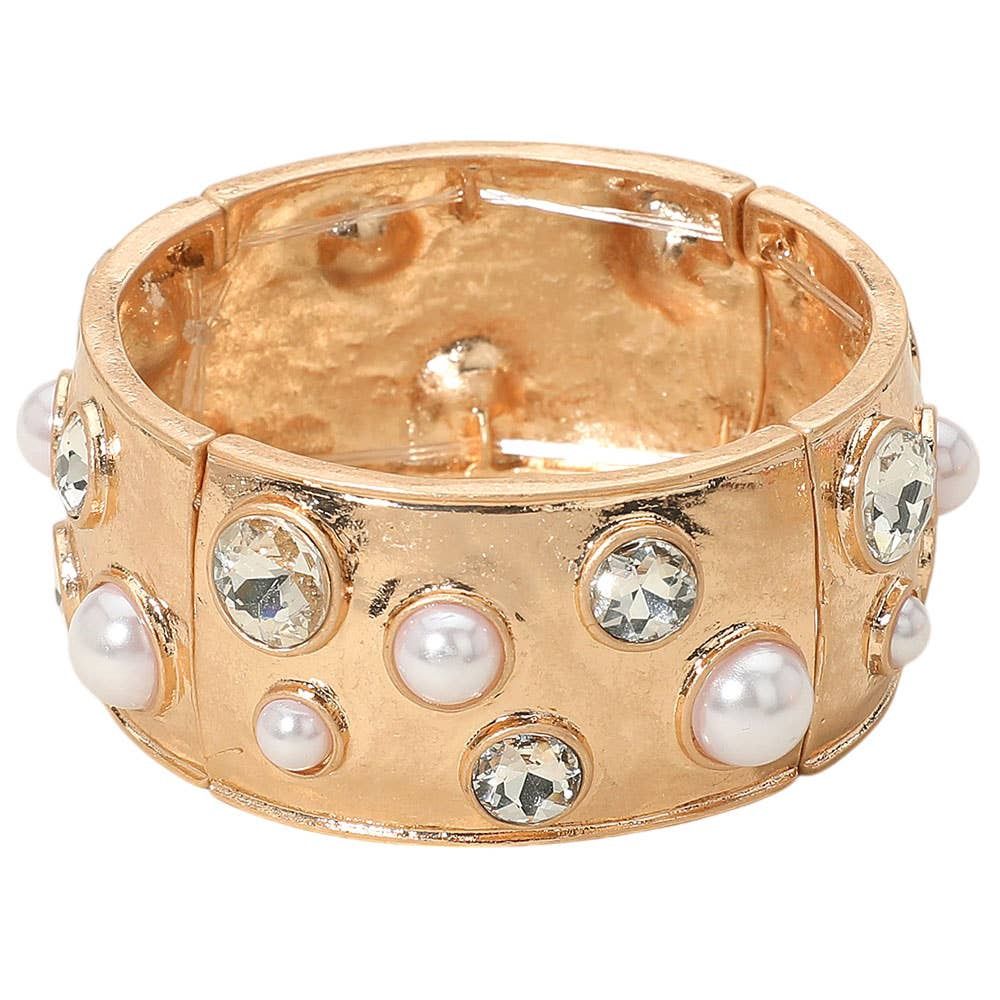 Glass Stone Studded Wide Bangle Statement Stretch Bracelet, Color: Clear,Cream,Gold