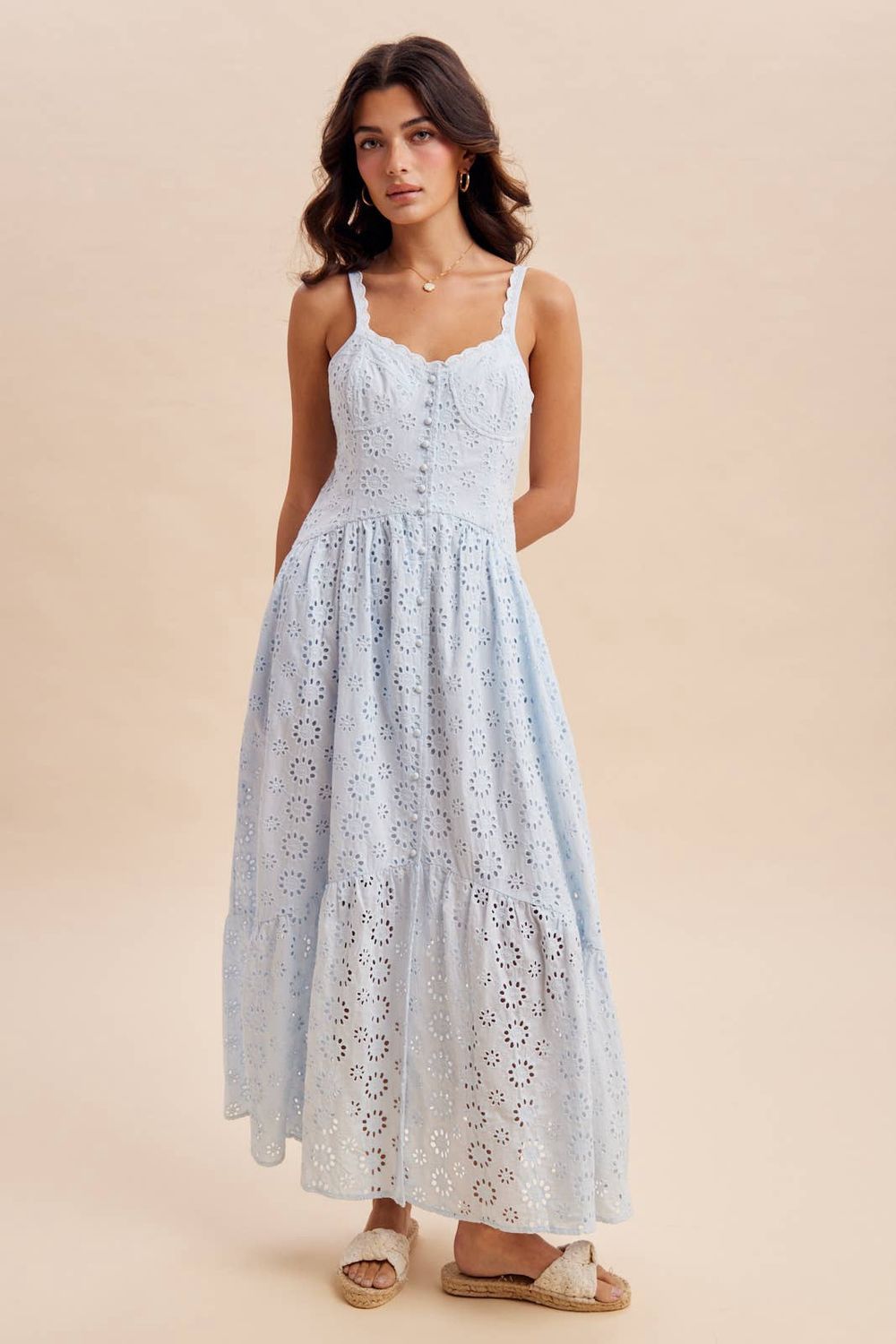 BUTTON DOWN EYELET MAXI DRESS