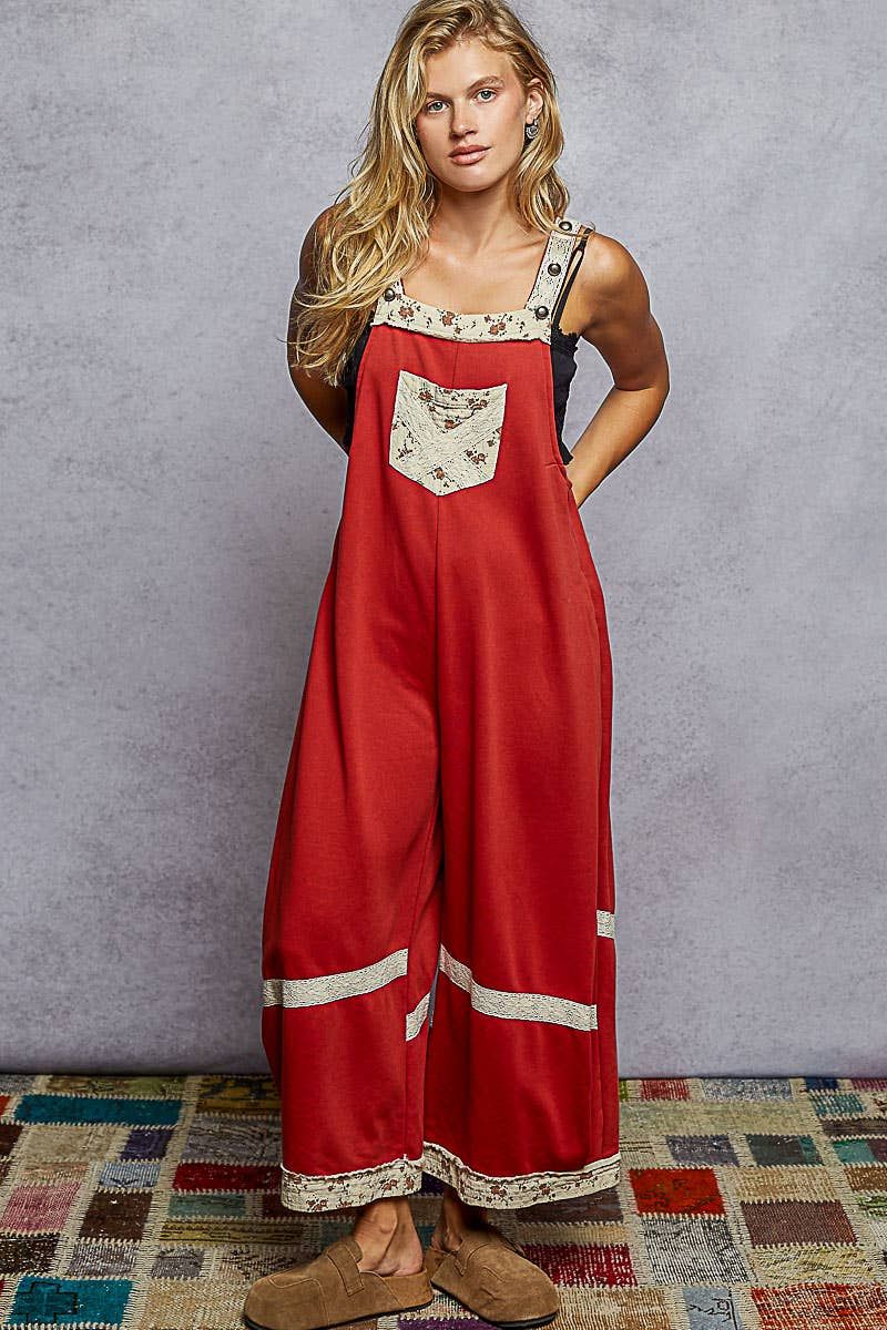Vintage washing print patch solid French terry knit overalls, Color: DRIED TOMATO, Size: S