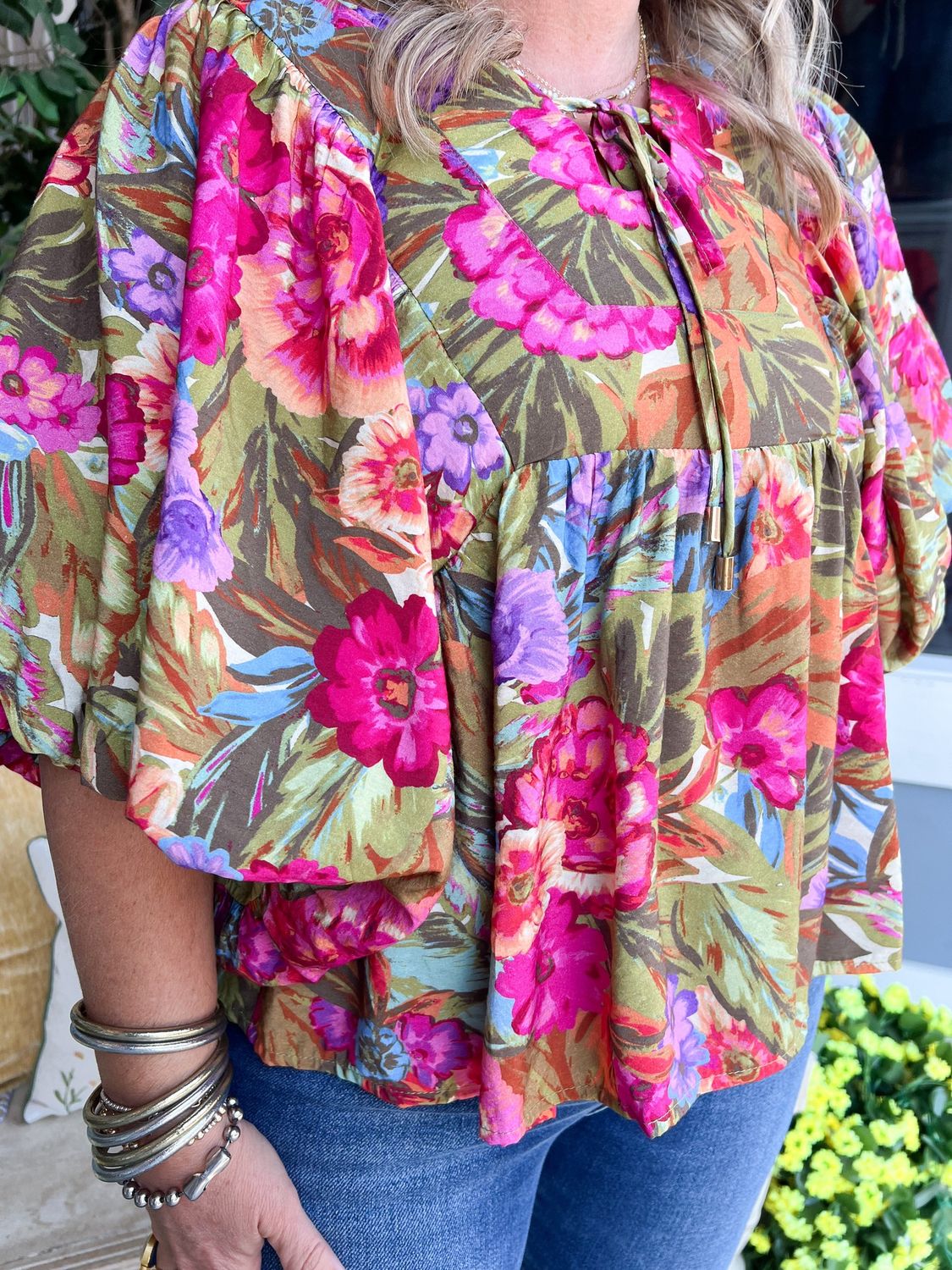 Printed Blouse With Wide Bubble Sleeve